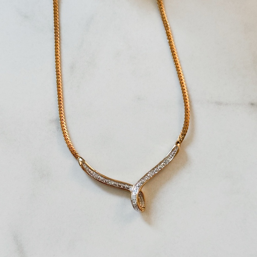 Diamond accented Gold-tone Chevron Necklace with Elegant Design - Picture 5 of 14